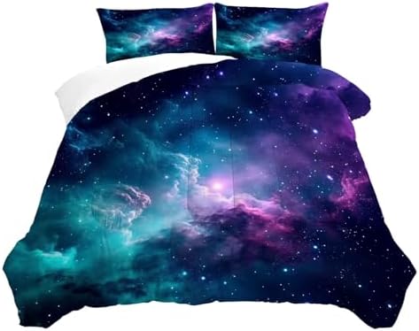 Galaxy Bedding Set King Size Blue Space Comforter for Girls Boys Women Bedroom Decor Moon Cloud Starry Sky Glitter Star Quilt Bed Sets, 1 Comforter 2 Pillowcases