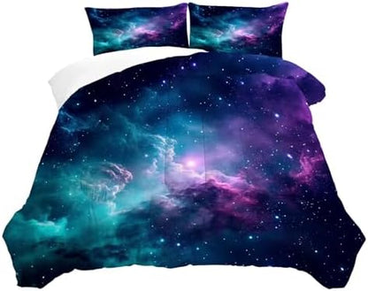 Galaxy Bedding Set King Size Blue Space Comforter for Girls Boys Women Bedroom Decor Moon Cloud Starry Sky Glitter Star Quilt Bed Sets, 1 Comforter 2 Pillowcases