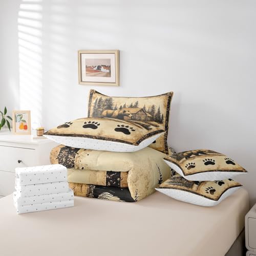 Erosebridal Bear Queen Bedding Set 7 Piece Hunting Cabin Lodge Comforter Set for Kids Boys Girls Rustic Farmhouse Bed in a Bag Wild Bear Paw Quilt with Flat Fitted Sheet Country Jungle Decor