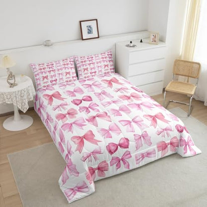 Feelyou Pink Bow Bedding Set for Kids Girls Woman Full Size Bowknot Comforter Set Ultra Soft Cute Coquette Bow Knot Comforter Bow Pattern Duvet Quilt Bedroom Decor Bow Decor Quilt