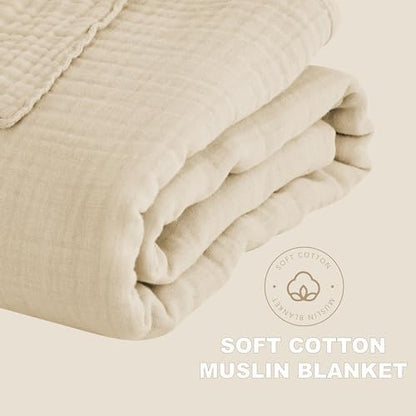 Cosy Family 4 Layer Muslin Bed Blanket - Breathable and Lightweight Gauze Boho Blanket for Spring, Soft 100% Cotton Muslin Blanket, Light Tan, 55x80 Inches