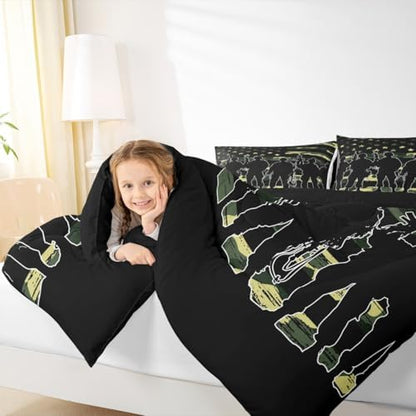 American Flag Comforter Set Queen for Boy Teen ArmyGreen Camouflage Down Comforter Adult Men Soldier Silhouettes Quilted Duvet Military Style Camo Bedding Comforters, 1 Comforter Set + 2 Pillowcases
