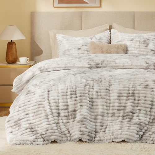 BEDELITE Fleece Queen Comforter Set, Fluffy Bed Set, Grey&White