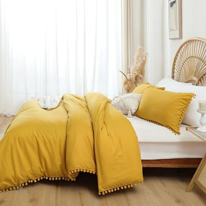 YIRDDEO Twin Comforter Set, Mustard Yellow Ball Pom Fringe Bedding 2 Pcs