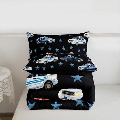 Erosebridal Police Car Comforter Set Toddler for Boys, Cartoon Car Bedding Set for Kids Teens Youth Men Bedroom, Policeman Vehicle Comforter, Star Black Quilt with 1 Pillowcase, 2 Pcs, Microfiber