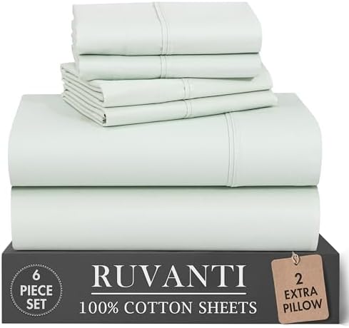 RUVANTI 100% Cotton California King Sheet Set, Percale Sheets, Sage Mist