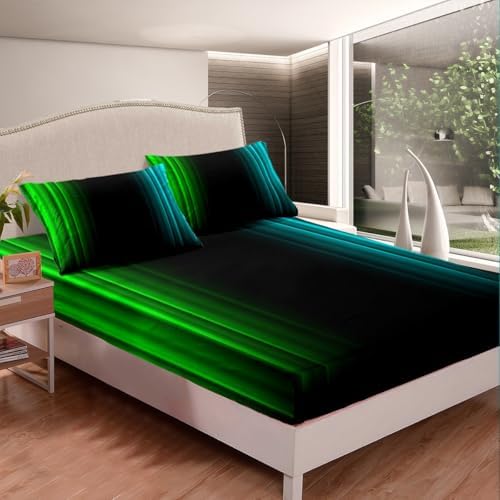 Feelyou Teens Abstract Ombre Decorations Bedding Set for Kids Women Green Teal and Black Bed Sheets Set Geometric Modern Fitted Sheet Sets Room 4Pcs King Size