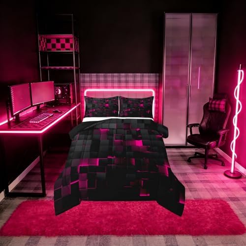 Erosebridal Black Hot Pink Comforter Set King Neon Geometric Checkered Bedding Set for Girls Teen Women Abstract Stereoscopic Grids Quilt Square Plaid Bed Set 3 Pcs Gamer Room Decor