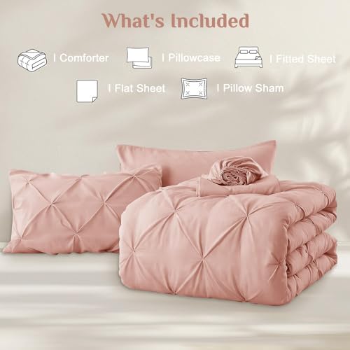 JOLLYVOGUE Twin XL Comforter Set 5 Pieces - Bed in a Bag Twin XL for All Season, Pintuck Bedding Comforter Sets with Comforter, Flat Sheet, Fitted Sheet and Pillowcases & Shams, Rose Brown