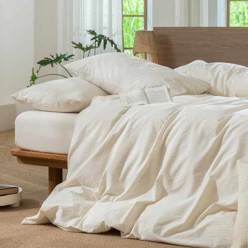 MooMee Striped Duvet Cover Set 100% Washed Cotton Linen Like Super Queen