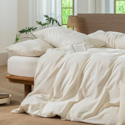 MooMee Striped Duvet Cover Set 100% Washed Cotton Linen Like Super Queen