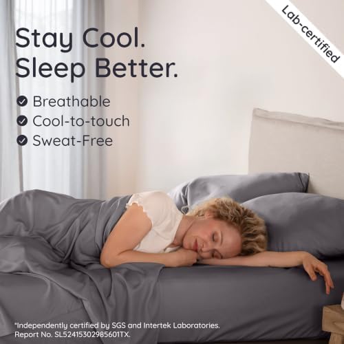 Bambaw 100% Viscose Derived from Bamboo Sheets Queen Size Set – 6pcs Deep Pocket Cooling Queen Sheets, Fits Up to 16'' with Elastic Corner Straps, Buttery Soft Sheets Queen (Dark Gray)