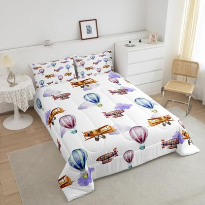 Erosebridal Queen Size Airplane Bedding Set for Boys Girls,Vintage Hot Air Balloon Comforter Set Air Plane Decor for Kids Bedroom,Airship Aircraft Comforter Set Aviation Themed Quilt Bed Set 3Pcs