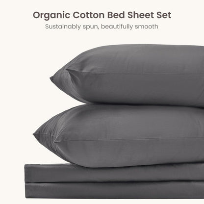 BIOWEAVES 100% Organic Cotton Sheets, 300 Thread Count 3-Piece GOTS Certified Bed Sheet Set Fits Mattress Upto 17" Deep Pocket, Soft & Silky Sateen Weave (Twin, Stone)