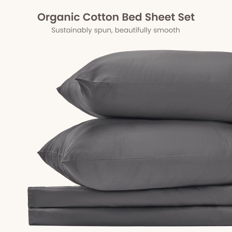 BIOWEAVES 100% Organic Cotton Sheets, 300 Thread Count 4-Piece GOTS Certified Bed Sheet Set Fits Mattress Upto 17" Deep Pocket, Soft & Silky Sateen Weave (California King, Stone)