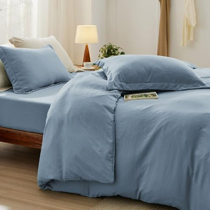Bedsure Prewashed Duvet Cover King with Fitted Sheet, 4Pcs, Dusty Blue