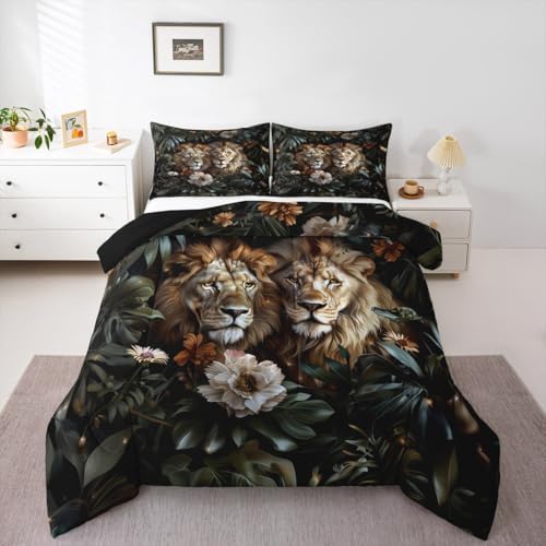 Couple Lion Kids Comforter Set King Size,Flowers Palm Leaf Tropical Rustic Bedding Set,Girls Boys Room Decor,Botanical Wildlife Jungle Animals Quilt Comforter,Vintage Duvet Insert,2 Pillowcases
