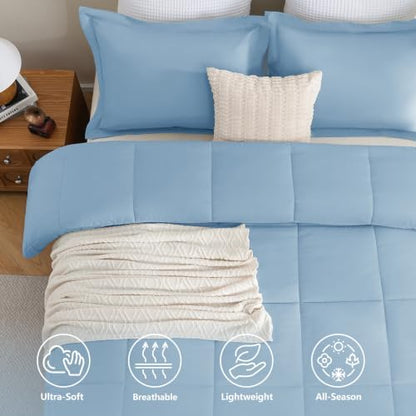 CozyLux Oversized Queen Comforter Set, 3-Piece Box-Stitched, Baby Blue