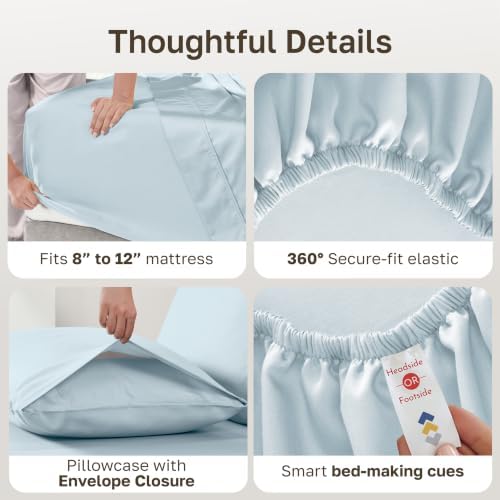 Natural 100% Cotton Sateen Twin XL Size Bed Sheet Set, 3 Pc Set, Baby Blue