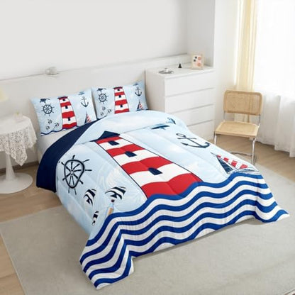 Homewish Teens Lighthouse Comforter Set Queen Size,Navigation Theme Bedding Set for Kids Boys Girls Bedroom Decoration,Anchor and Rudder Bed Duvet Insert,Blue Red Comforter with 2 Pillowcases