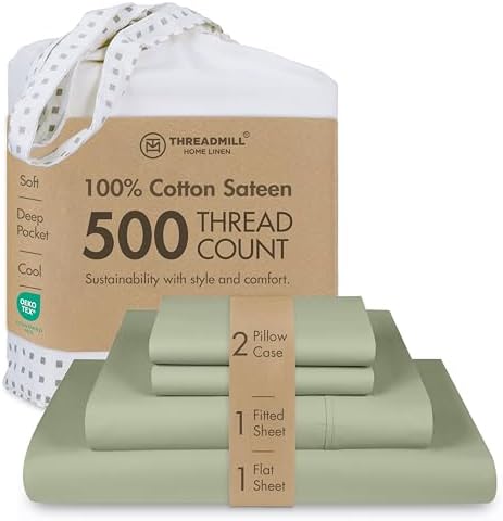 Threadmill 500TC Cotton Full Sheet Set, Sateen, Solid, Sage Green, 4-Piece