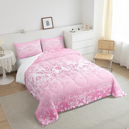 Feelyou Pink Gothic Damask Floral Comforter Set Queen Size Bedding Set