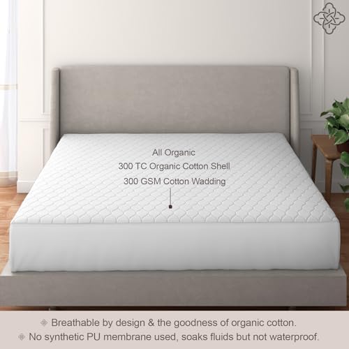 Bioweaves 100% Organic Cotton Mattress Pad Cover, GOTS Certified Cooling 300 GSM Quilted Fitted Mattress Topper & Protector with Soft Cotton Wadding - White, 20 Inch Deep Pocket, King