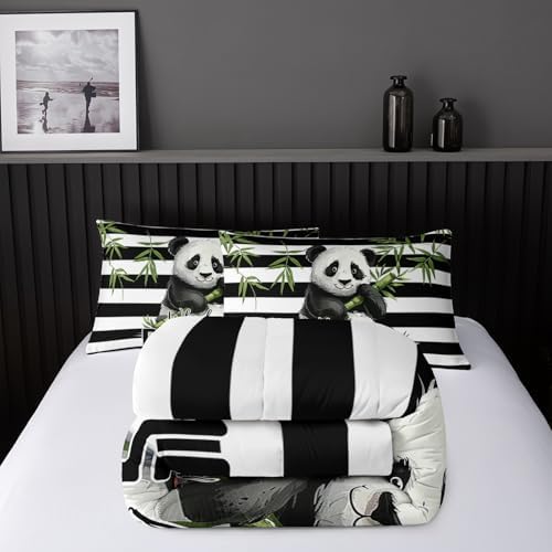 Nttopship Panda Bedding Set, Kawaii Striped Animal Theme Comforter Set for Girls Kids Teens, Full Size Panda Bed Set with 2 Pillowcases