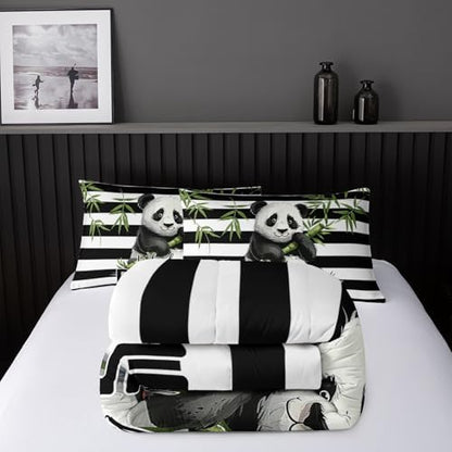 Nttopship Panda Bedding Set, Kawaii Striped Animal Theme Comforter Set for Girls Kids Teens, Full Size Panda Bed Set with 2 Pillowcases