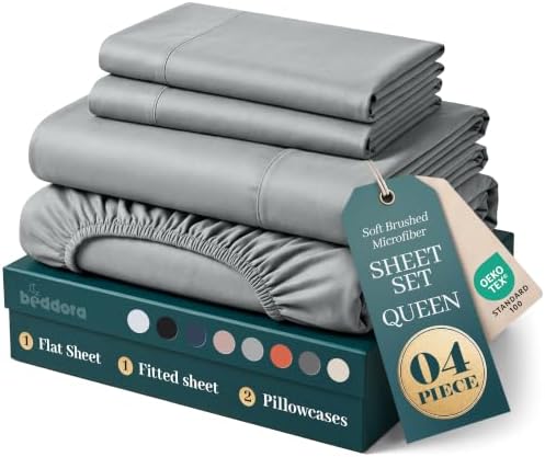Queen Sheets Set, 4 Pcs 16" Deep Pocket Hotel Luxury Bed Sheets, Light Grey