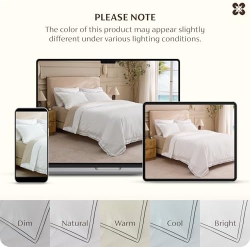 Bedsure PureWoven 100% Cotton Percale Duvet Cover King, Leaf Edge, White