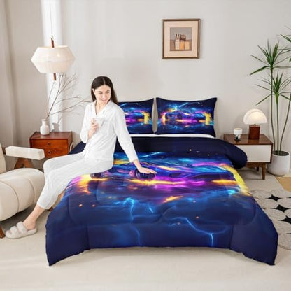 Erosebridal Neon Race Car Bed for Boys,Cool Watercolor Sports Car Comforter Queen Size for Kids Boys Girls,Extreme Sports Car Racing Games Bedding Sets,Teal Blue Lightning Duvet Insert,Purple Blue