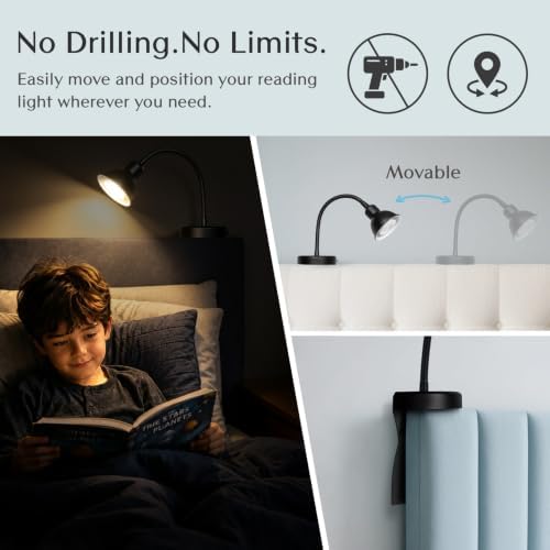 Solfres Innovative Design Rechargeable Headboard Reading Light. No Drilling Book Light for Bedtime Reading. Dimmable LED Lamp with Bulb. Movable & Flexible, Black