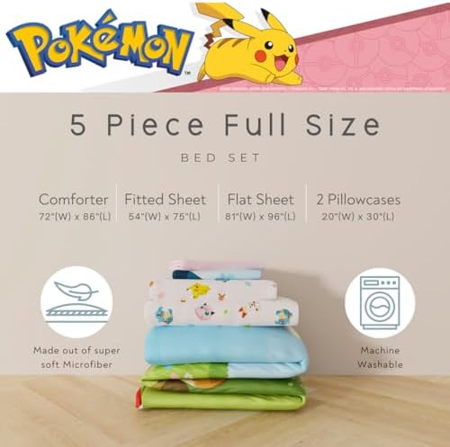 Pokemon Bedding Super Soft Comforter and Sheet Set with Sham, 5 Piece Full Size, Featuring Snorlax, Pikachu, Eevee & Jigglypuff (Officially Licensed Product) by Franco