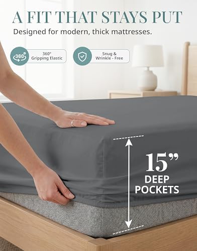 450TC 100% Cotton Cal King Sheet Set - Silky Smooth Sateen Weave, Charcoal
