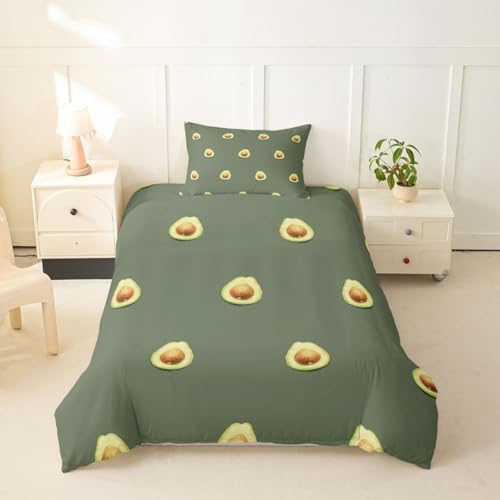Avocado Comforter Cover Twin Size Boys Girls Cute Cartoon Tropical Fruits Printed Bedding Set Green Avocado Pattern Duvet Cover for Teens Kids Soft Reversible Bedspread With 1 Pillowcase, No Comforter