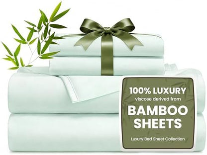 Love's cabin 4 Piece King Size Sheet Set, 100% Rayon Derived from Bamboo, Cooling & Breathable, Soft Silky Deep Pocket up to 16", Hotel Luxury Bedding for Hot Sleepers, Sea Glass