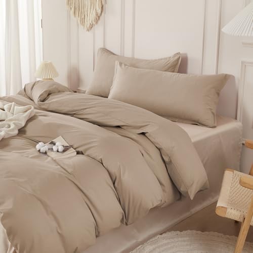 SAPHREAS 100% Washed Cotton Duvet Cover Full Size Set, Linen Like Comforter Cover with Zipper Closure & Corner Ties (No Comforter), 80x90 Khaki