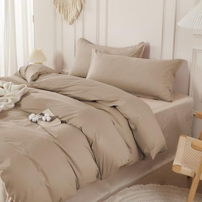 SAPHREAS 100% Washed Cotton Duvet Cover Full Size Set, Linen Like Comforter Cover with Zipper Closure & Corner Ties (No Comforter), 80x90 Khaki