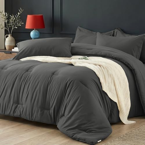 Queen Comforter Set 7 Piece with Lightweight Comforter, Dark Gray