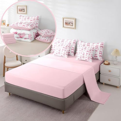 White Cherry Bow Full Size Bed Sheets and Comforter Set, Cute Silk Ribbon Bowknot 7 Piece Bedding Set Princess Bow Tie Bed in a Bag, Dreamy Kawaii Room Decor,Girly Light Pink Room Decor Aesthetic