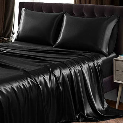 SiinvdaBZX 4Pcs Extra Deep Pocket Satin Sheet Set Queen Size, Black