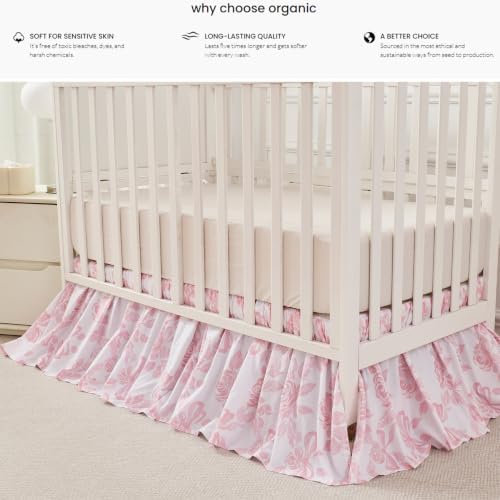 Brandream Organic Cotton Crib Skirt Dust Ruffle, Baby Girl Crib Bed Skirt, 4-Sided, Luxury French Vintage Pink Rose Floral & Bow Cottagecore Toddler Bedskirt Farmhouse Chic Nursery Bedding Skirt