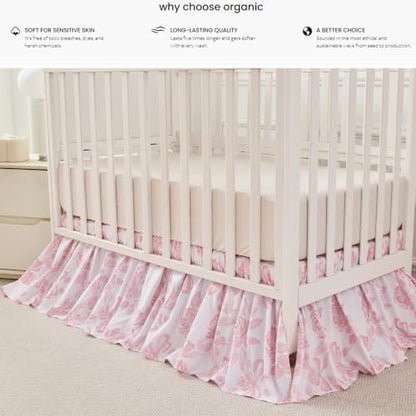 Brandream Organic Cotton Crib Skirt Dust Ruffle, Baby Girl Crib Bed Skirt, 4-Sided, Luxury French Vintage Pink Rose Floral & Bow Cottagecore Toddler Bedskirt Farmhouse Chic Nursery Bedding Skirt