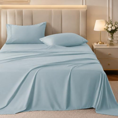 ROSE&RISY Light Blue King Sheet Set, 4 Pieces Soft Bedding King Sheet Set, Breathable and Cooling,Includes 1 Fitted, 1 Flat, 2 Pillowcases - Deep Pocket (Light Blue, King)