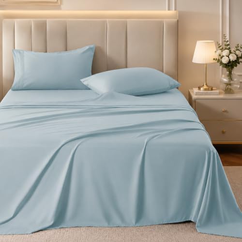 ROSE&RISY Light Blue Sheet Set, 4 Pieces Soft Bedding Queen Sheet Set, Breathable and Cooling,Includes 1 Fitted, 1 Flat, 2 Pillowcases - Deep Pocket (Light Blue, Queen)