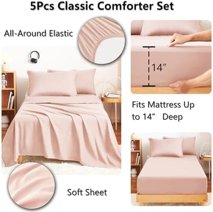 CozyLux Twin Comforter Set 68"x88" Blush Pink - 5 Piece Bed in a Bag