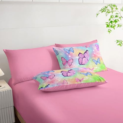 7Pcs Comforter Set Rainbow Butterfly Printed Bedding Set with 1 Comforter, 1 Flat Sheet, 1 Fitted Sheet and 4 Pillowcases for Boys and Girls Bedroom All Season(Twin)