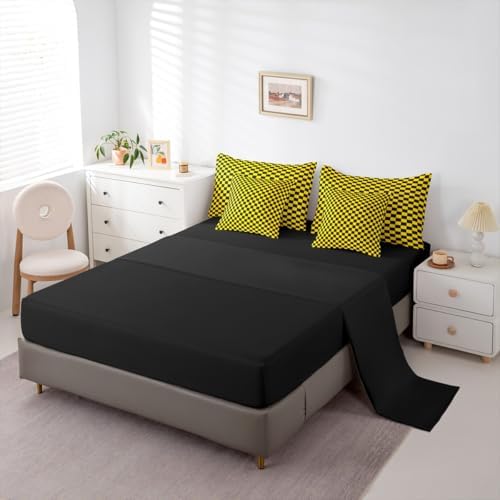 jejeloiu Yellow Black Comforter Set with Sheets 7 Piece Twin Size