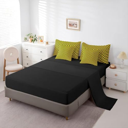 jejeloiu Yellow Black Comforter Set with Sheets 7 Piece Twin Size